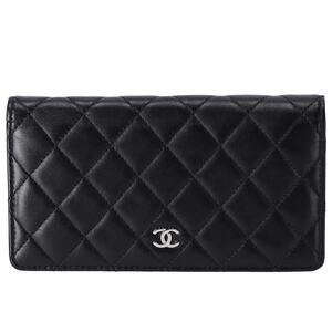 CHANEL Matelasse Long Bifold Wallet Black Lambskin Leather